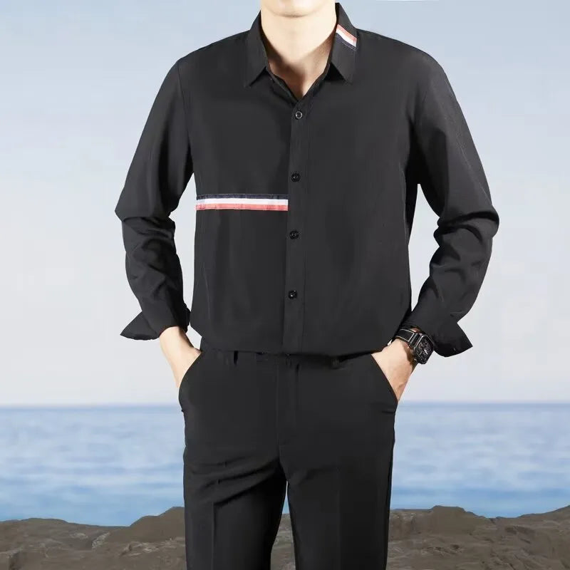 Hong Kong style men's loose casual shirt cardigan in cotton blend polyester fabric