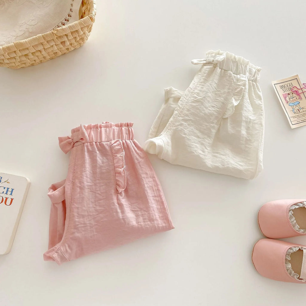 Girls' bow anti-mosquito cotton casual trousers, mid waist, rubber pink or cream beige, heights 73-120cm