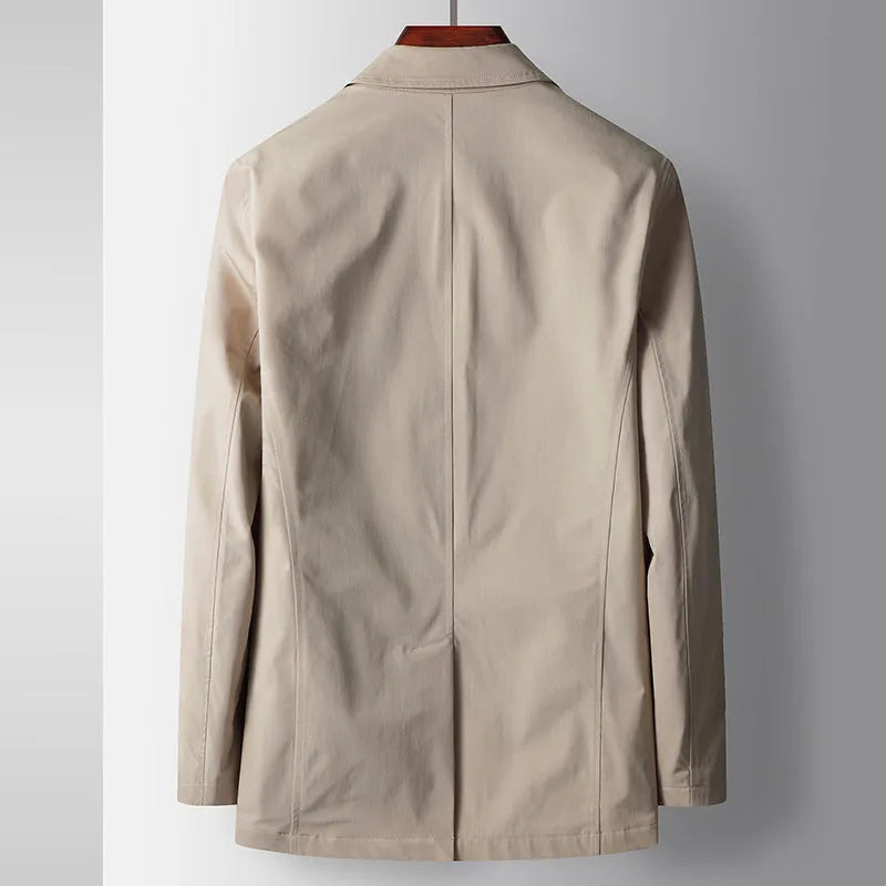 Men's double-breasted slim fit trench coat in synthetic fibre blend, available in blue black and khaki Asian sizes 170-195