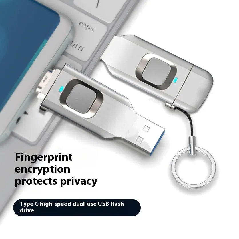 Black fingerprint encrypted USB drive with USB 3.0 and USB-C interfaces showing metal construction