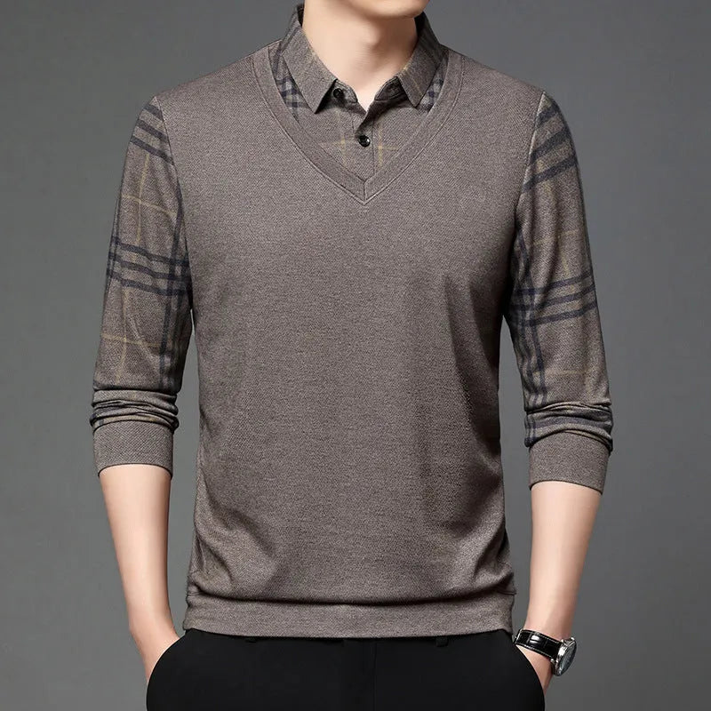 Fake two-piece lapel long-sleeved men's t-shirt in khaki, striped asymmetric design on a model