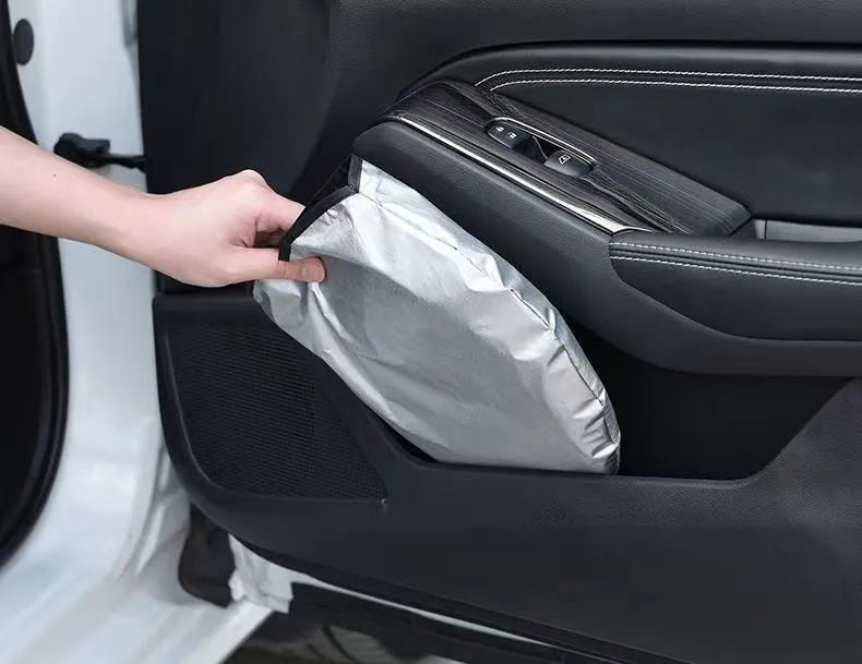 Titanium silver aluminium foil car sunshade shown unfolded.