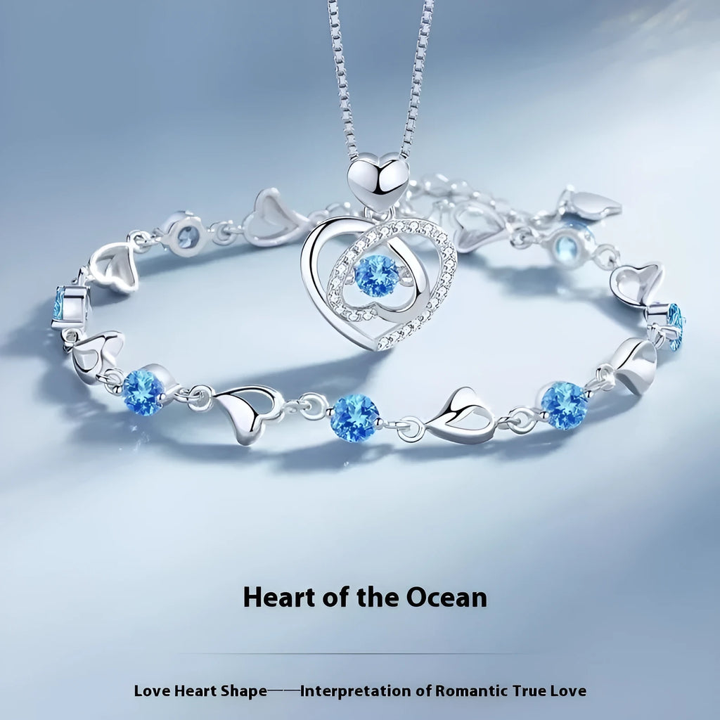 Blue diamond electroplated necklace and bracelet set with geometric love heart pendant