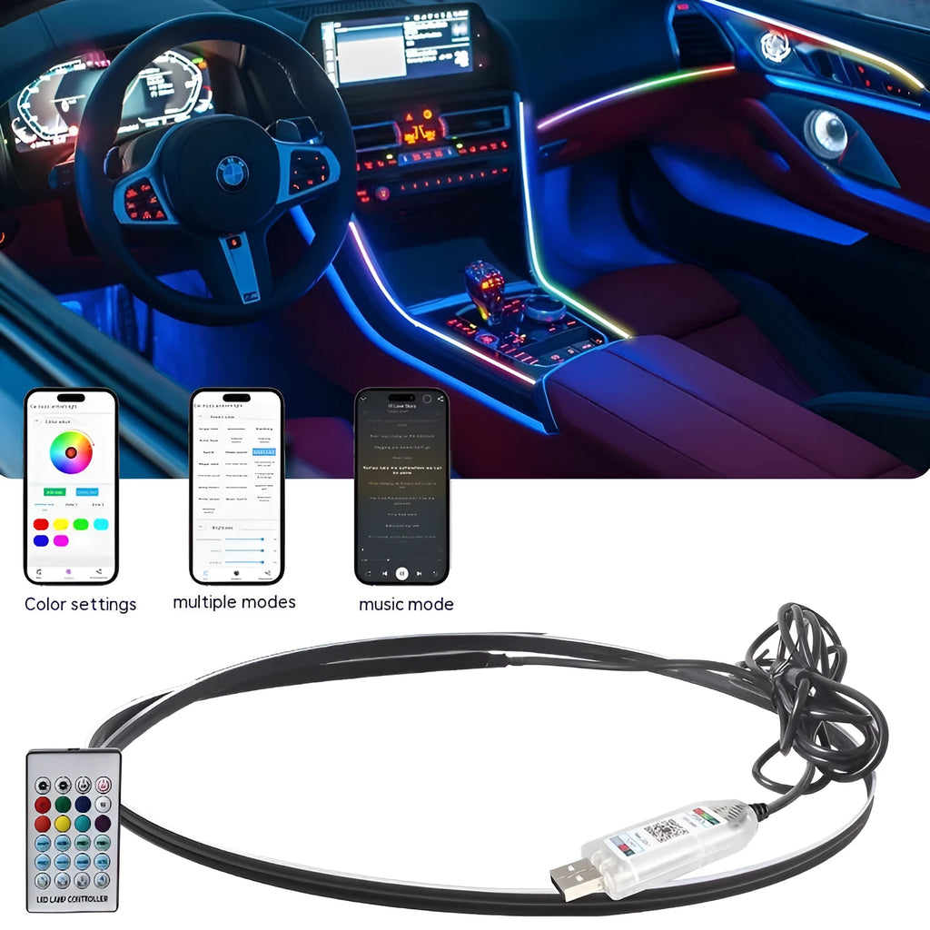 Car interior ambient lighting kit with remote control and app connectivity