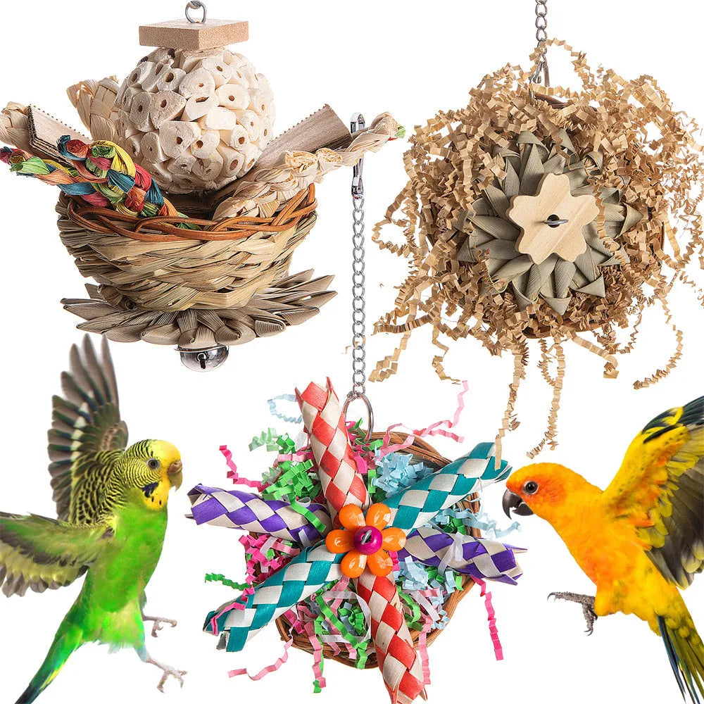 Parrot gnawing molar toy with wooden chewing pieces and plastic components for bird enrichment