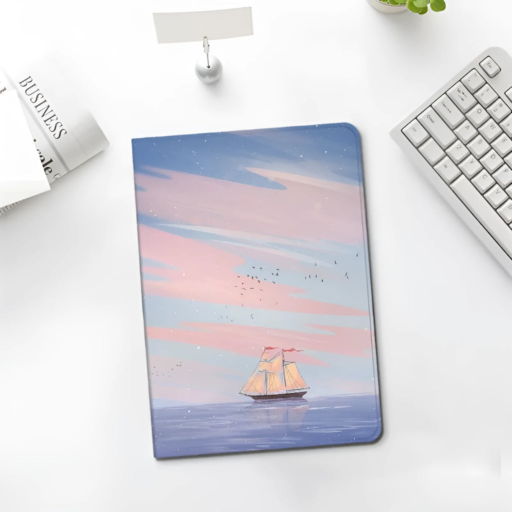 Silicone iPad cover with dreamy painting style sailing design in book style