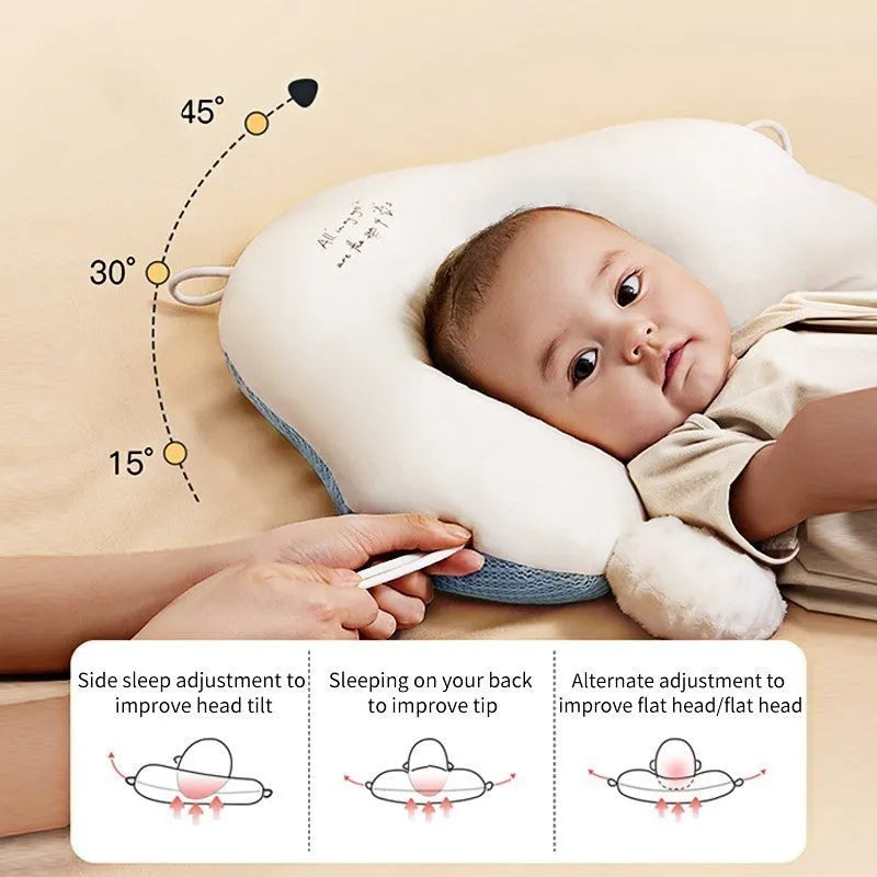 U-shaped baby head shaping correction pillow with pure cotton fabric in blue white colour