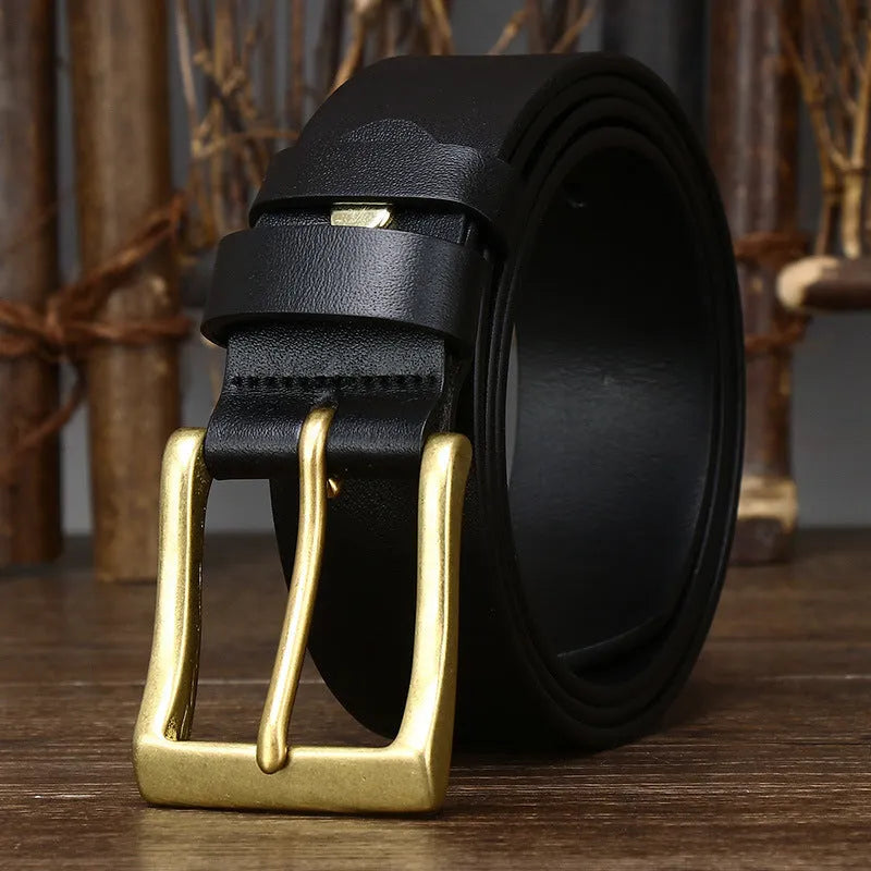 Men's genuine leather pin buckle belt in brown with copper buckle on white background