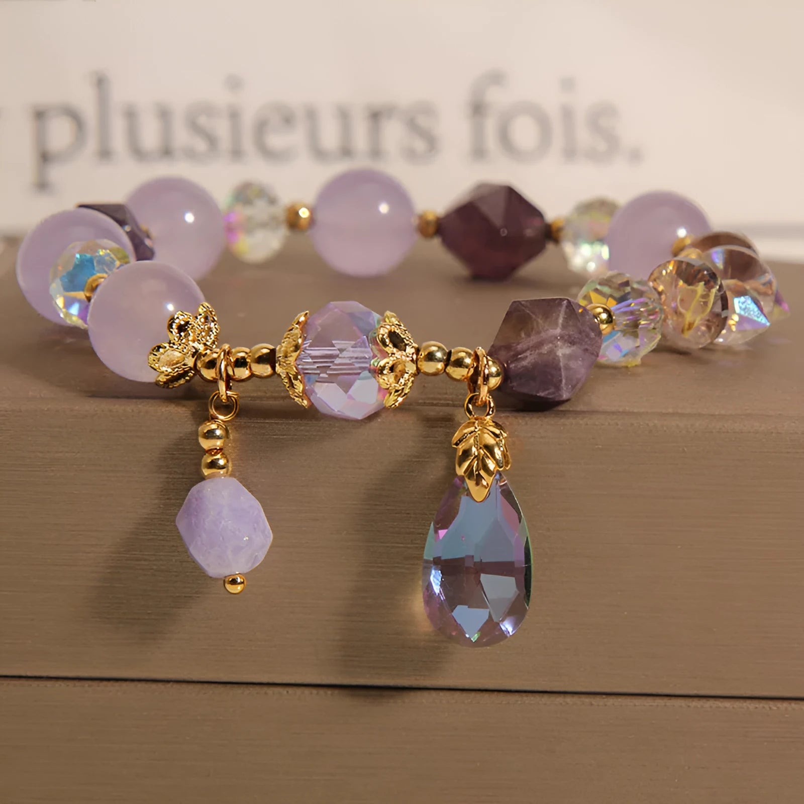 Lavender purple crystal water drop bracelet for children with retro purple colour theme