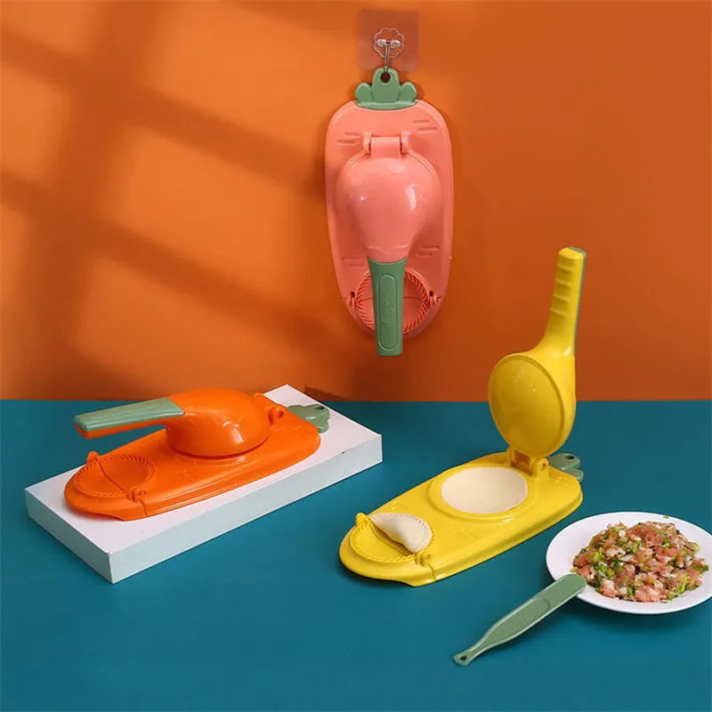 Orange and white plastic dumpling maker tool with ergonomic handle and hanging hole