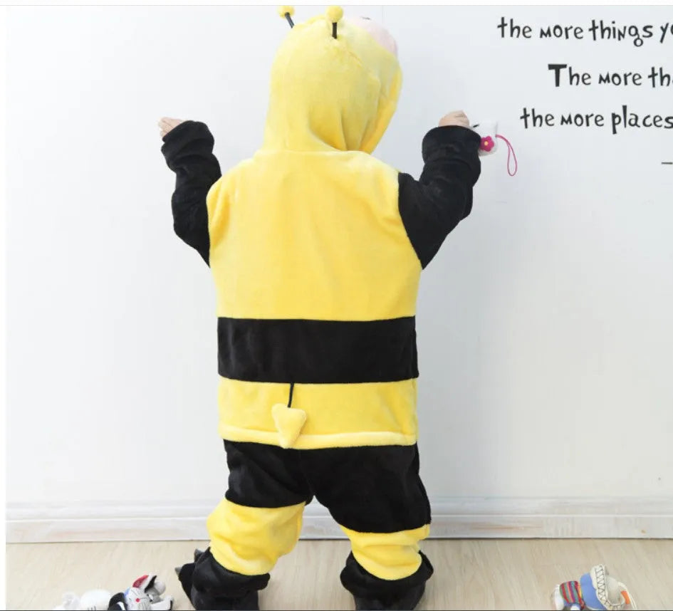 Children's carton animal bee one-piece flannel pajamas in Three-dimensional Bee colour with long sleeves