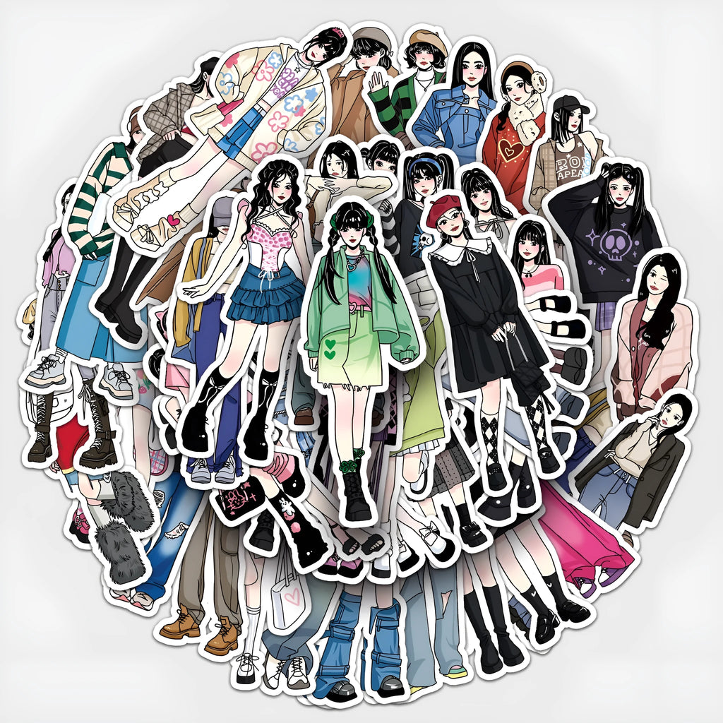 50 hand-painted graffiti cartoon stickers featuring fashion costume designs on a white background