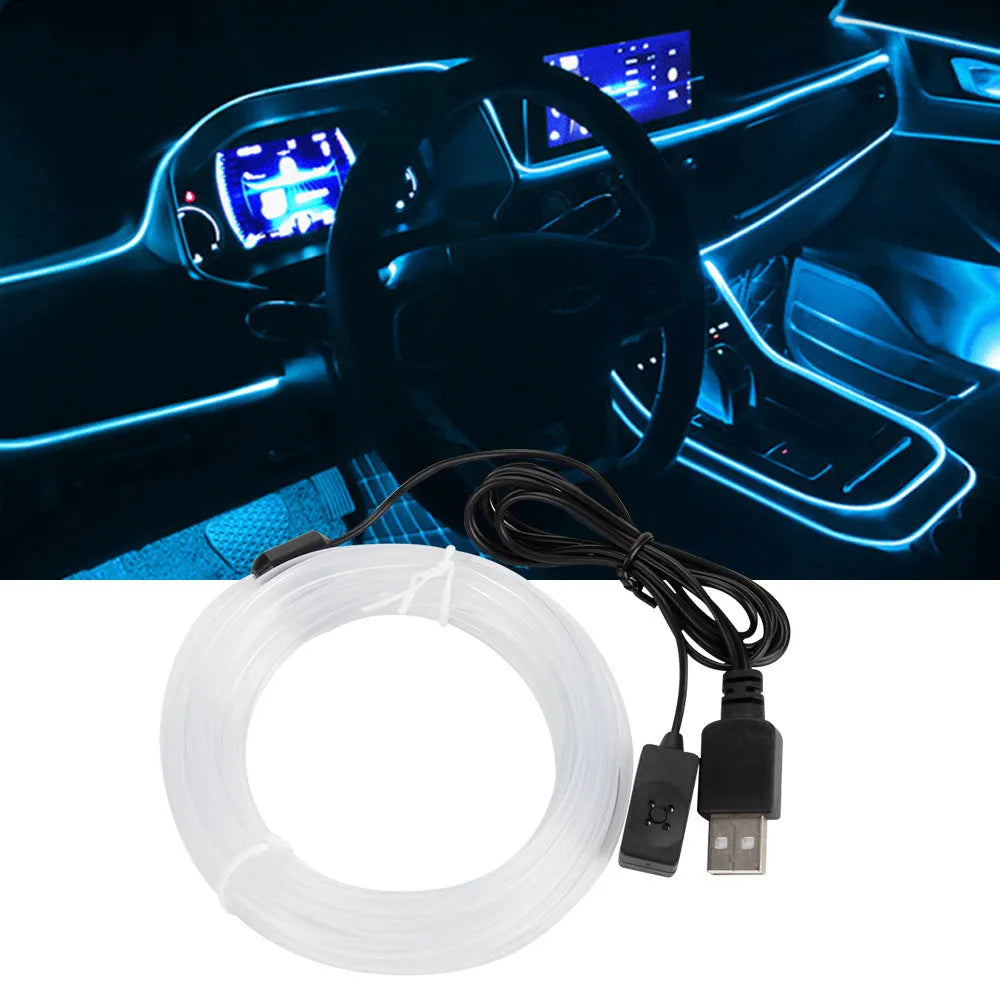Universal car EL ambience light strip with USB connector in colourful illuminated state