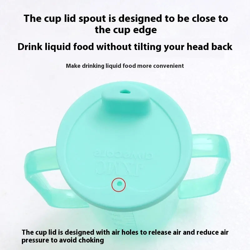 Adult choke-proof drinking cup with handle and slanted lid for bedside use.