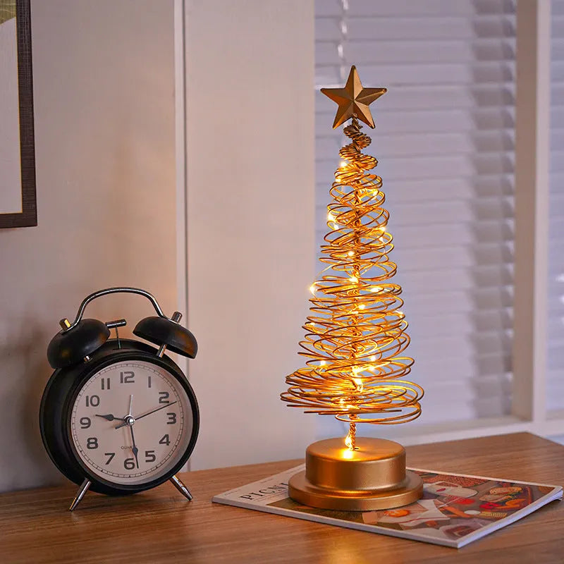 Metal LED spiral Christmas tree table ornament with warm white lights