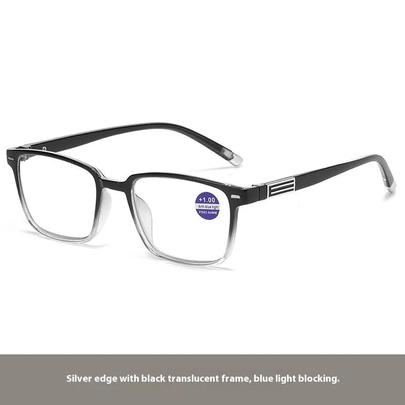 Multifocal reading glasses with anti-blue light and colour changing lenses in black frame with silver accents