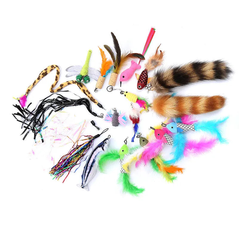 Cat fishing rod set with feather teaser attachments and ten replacement heads