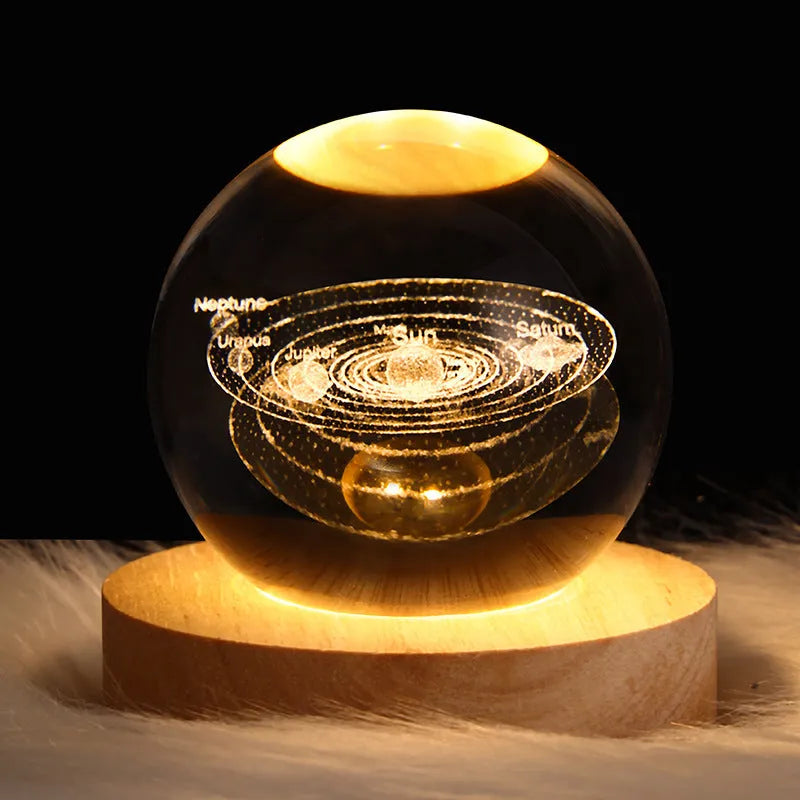 6cm crystal ball LED night light showing a 3D galaxy planet design, powered by a USB cable.