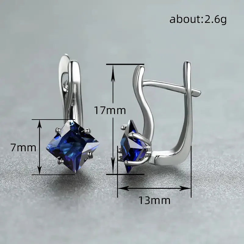 Copper women's earrings with diamond design and inlaid zircon detail in blue, green, or colour variants.