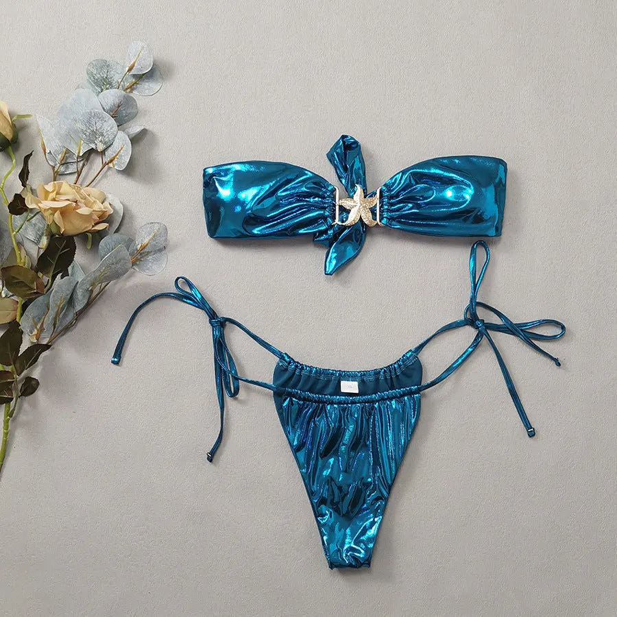 Women's glossy bikini with gold starfish pattern in sapphire blue, tube top design with long sleeves