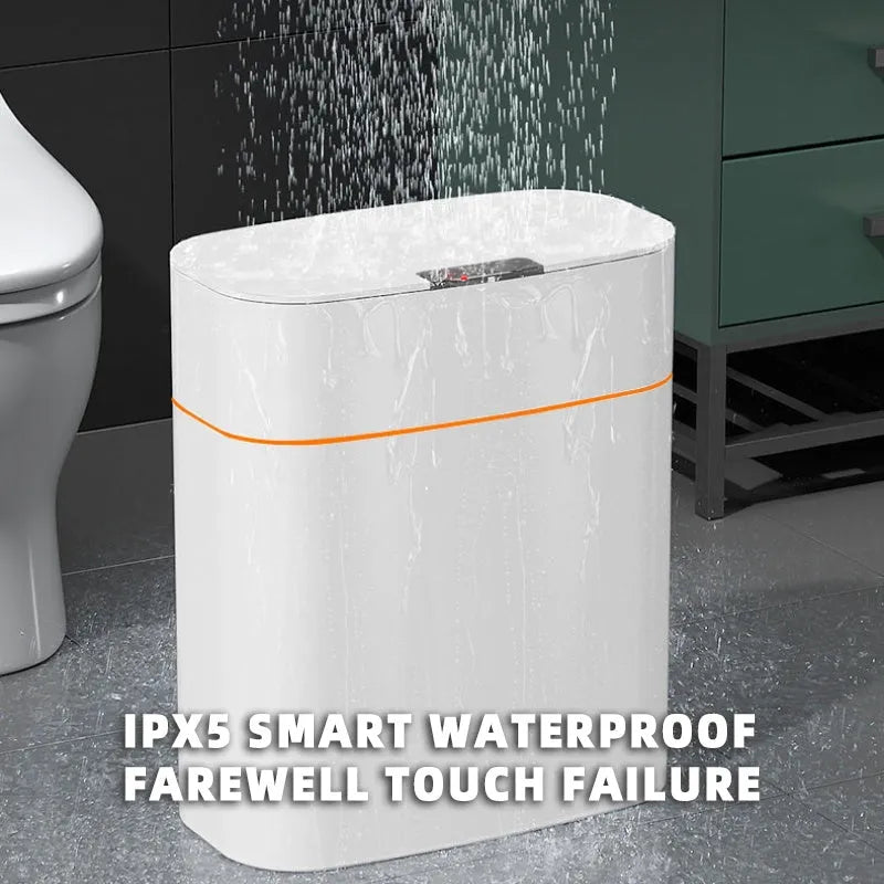 White automatic induction smart trash can with lid open, showing internal bin liner.