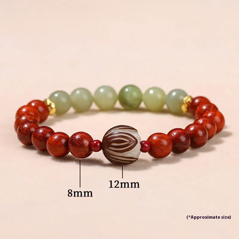 Red rosewood and gray jade bracelet with eight round Bodhi lotus beads