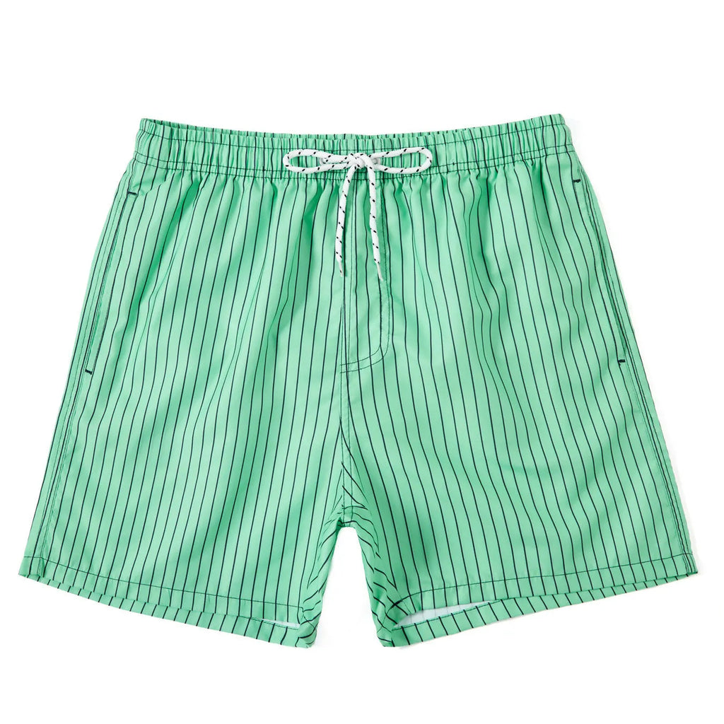 Men's striped beach shorts in light blue with a straight leg and triangle lining.