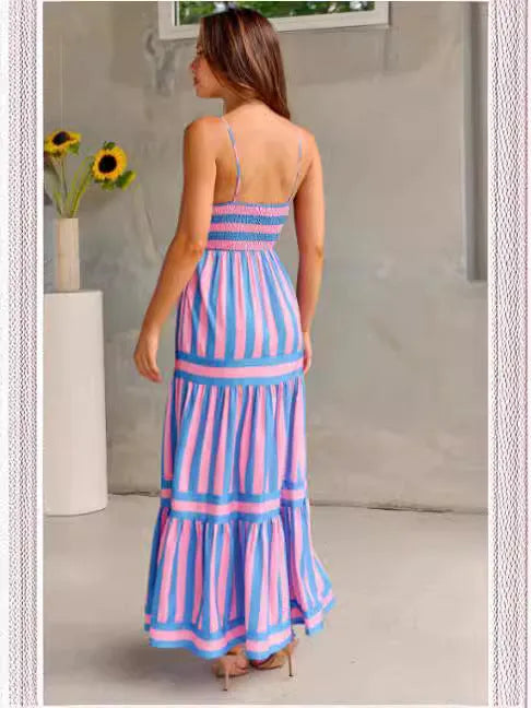 Women's striped suspender dress with square neckline, backless design, and side pockets