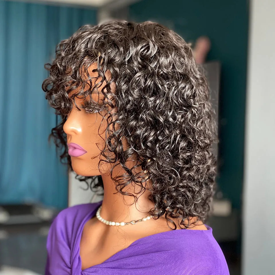 Black deep curly fringe human hair wig with bangs on a mannequin head, 12 inch length