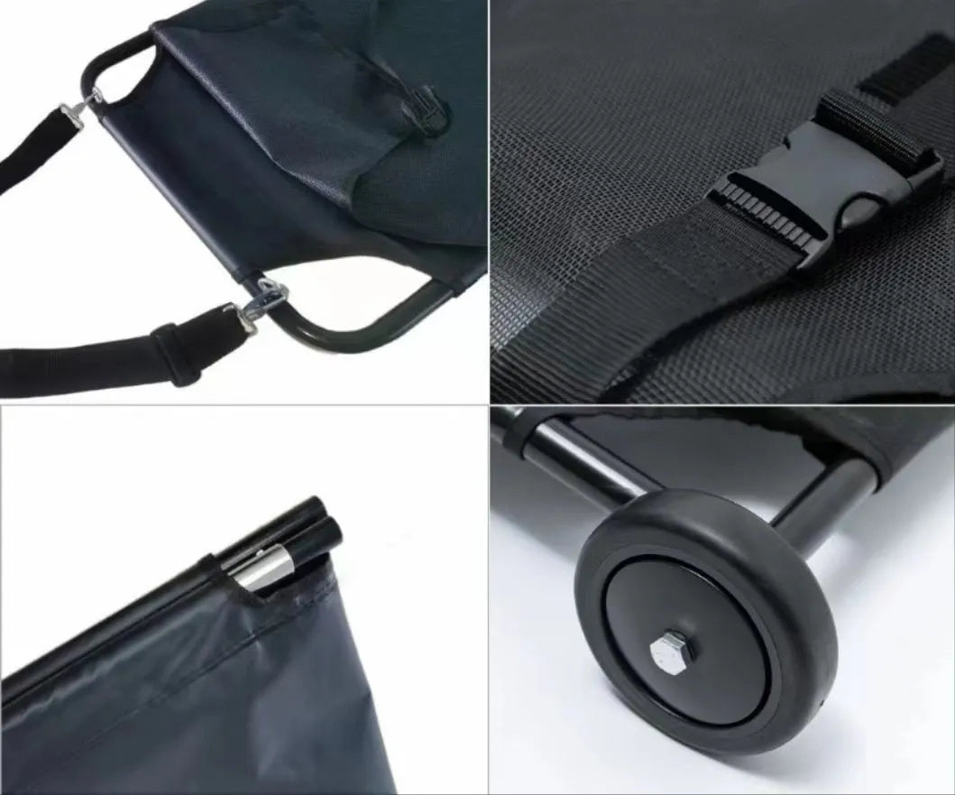 Large black aluminium alloy pet stretcher for dogs, showing handles and head support area.
