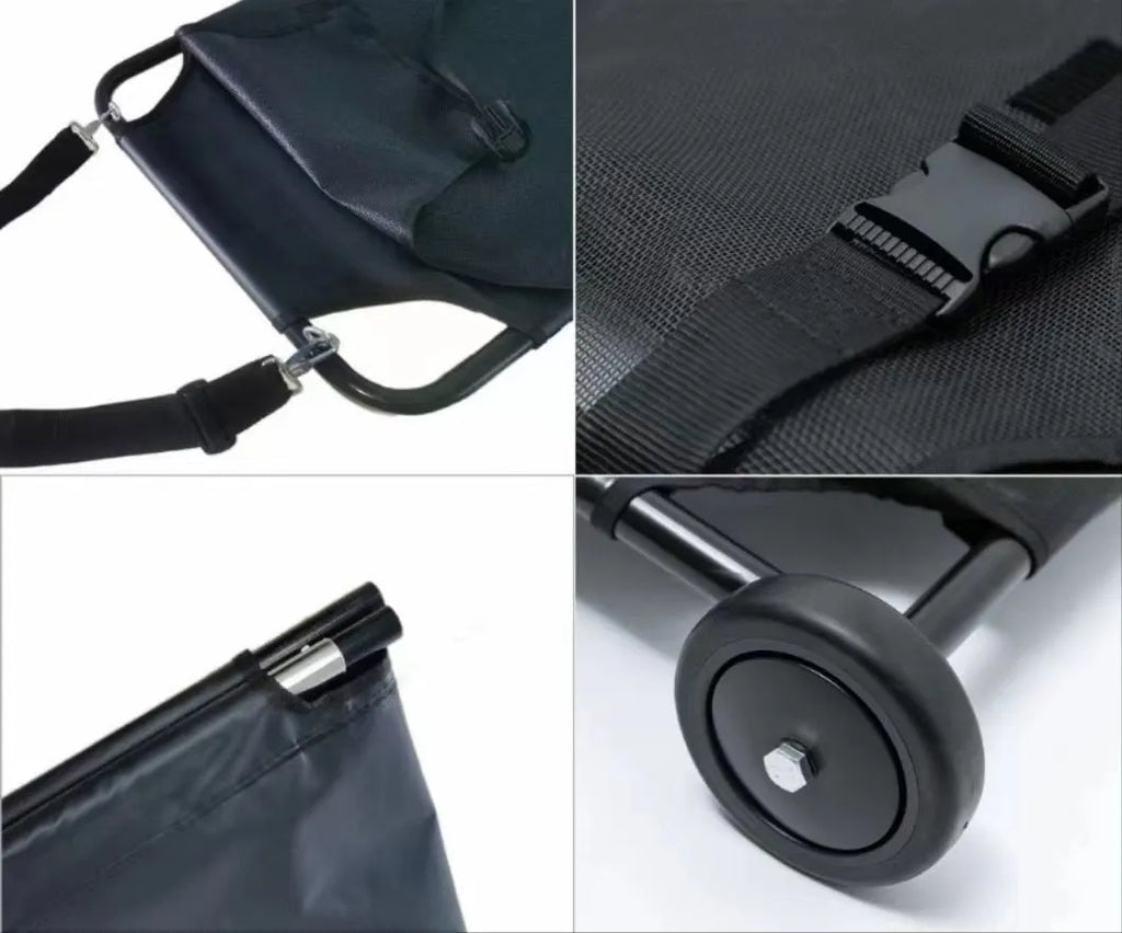 Black foldable aluminium pet stretcher for emergency dog transport with carrying handles