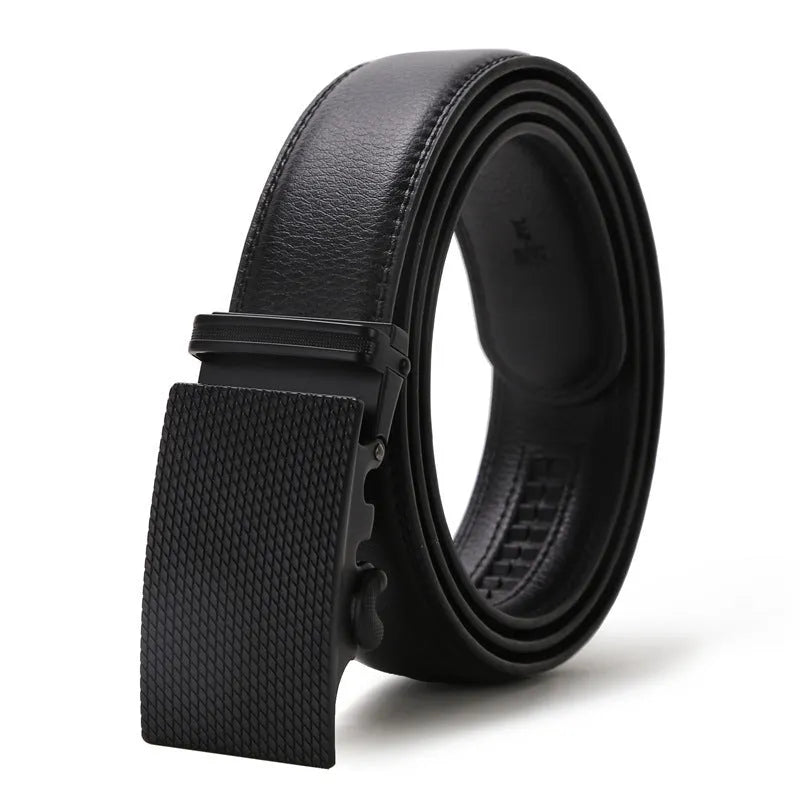 Men's automatic buckle belt in black artificial leather with silver alloy rectangular buckle on white background