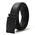 Men's automatic buckle belt in black artificial leather with silver alloy rectangular buckle on white background