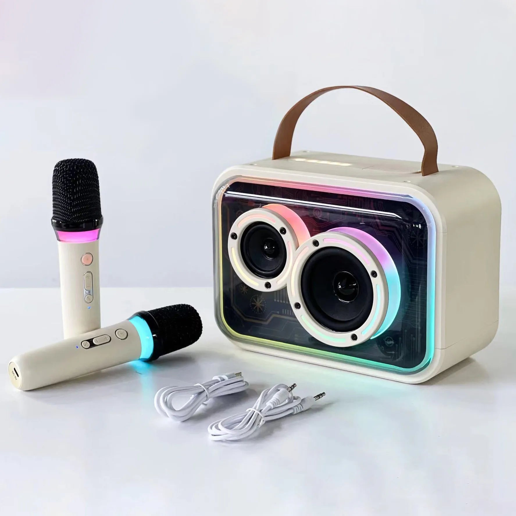Bluetooth portable karaoke speaker with RGB lighting in black or light yellow colour