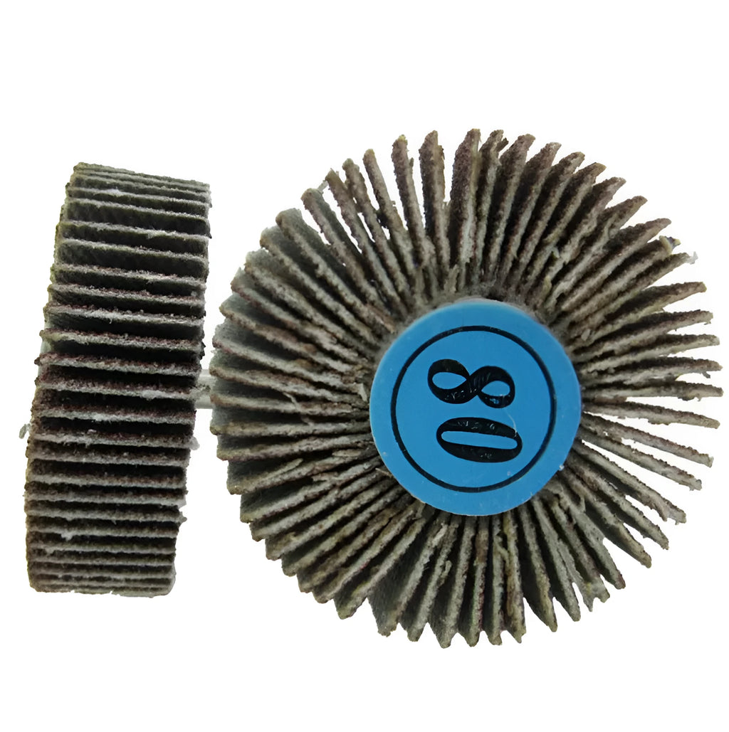 Shutter grinding head with handle, 80 grit louver abrasive cloth wheel, 32mm outer diameter and 2mm inner diameter.