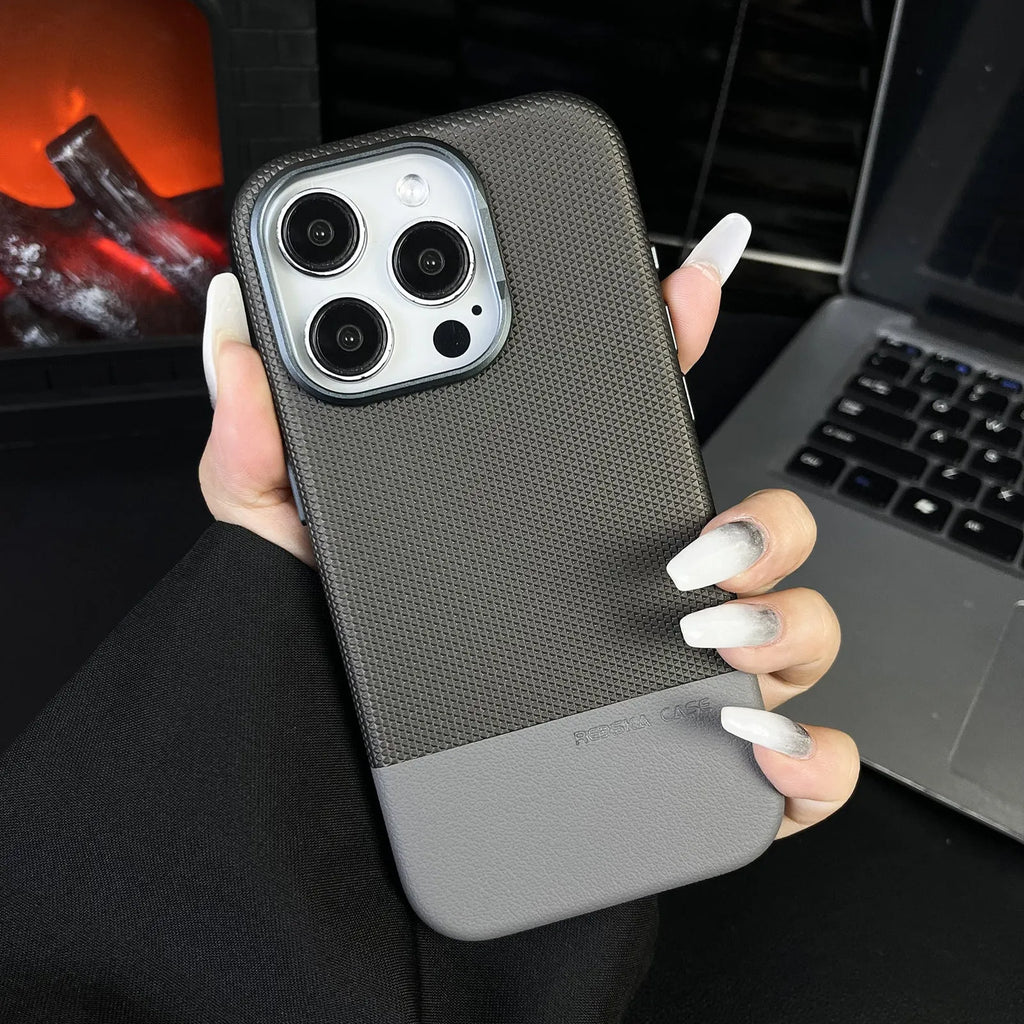 Magnetic all-inclusive iPhone case with dragon scale texture and stitching leather design in black, grey, or green
