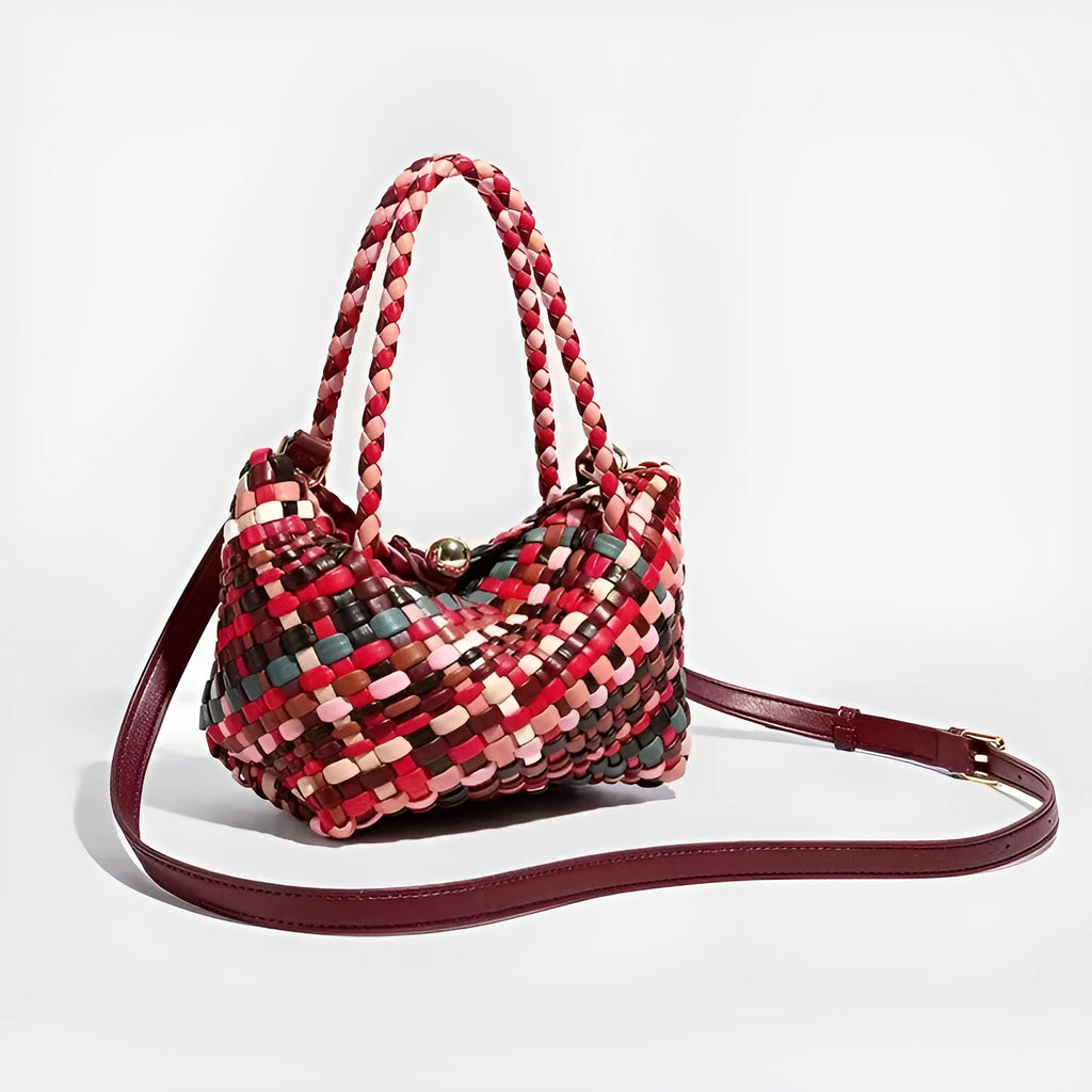Women's woven shoulder bag with textured pattern in PU leather, showing 18×11×14cm dimensions