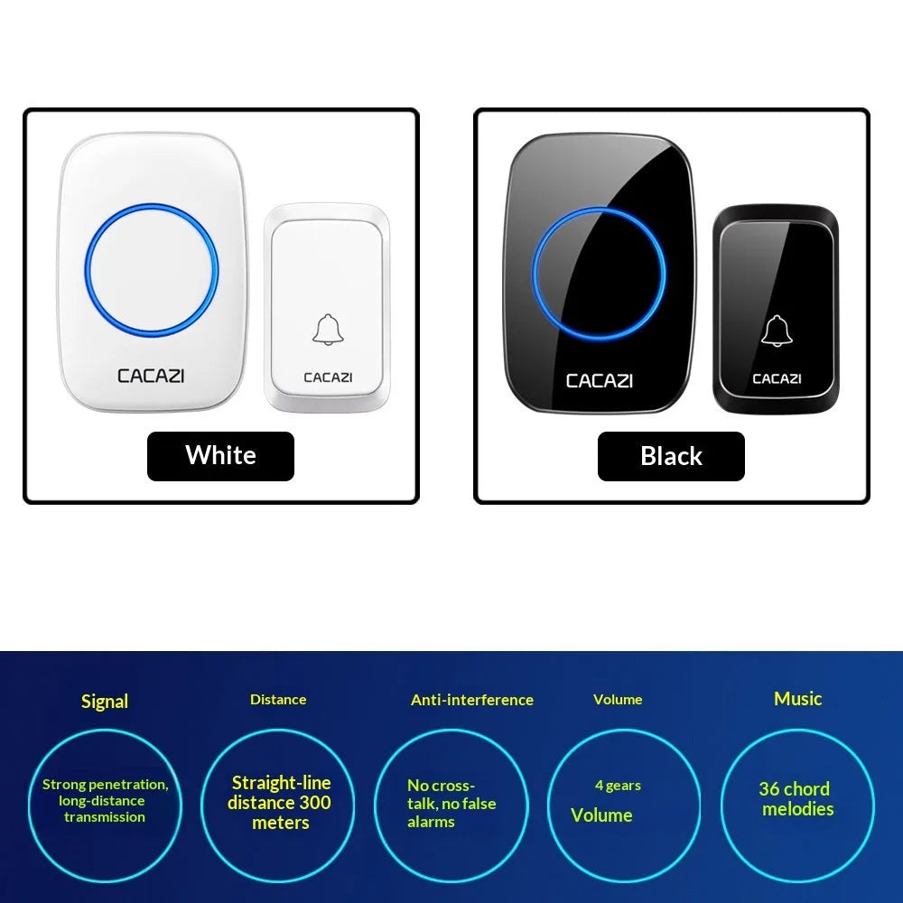Black wireless doorbell transmitter and white receiver with battery-powered DC operation and 300-metre range