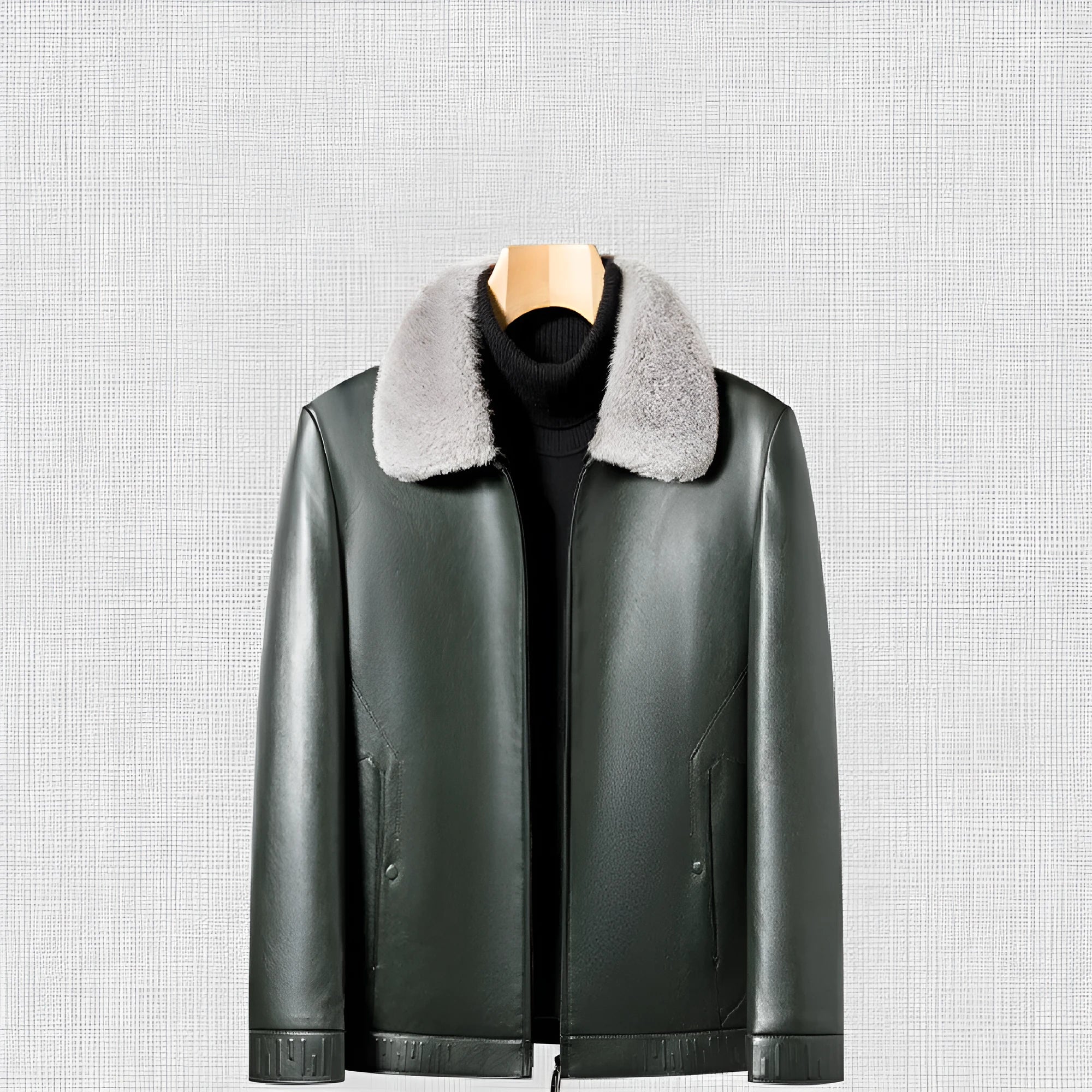 Business casual men's leather jacket in solid black colour, front view, size M to 4XL