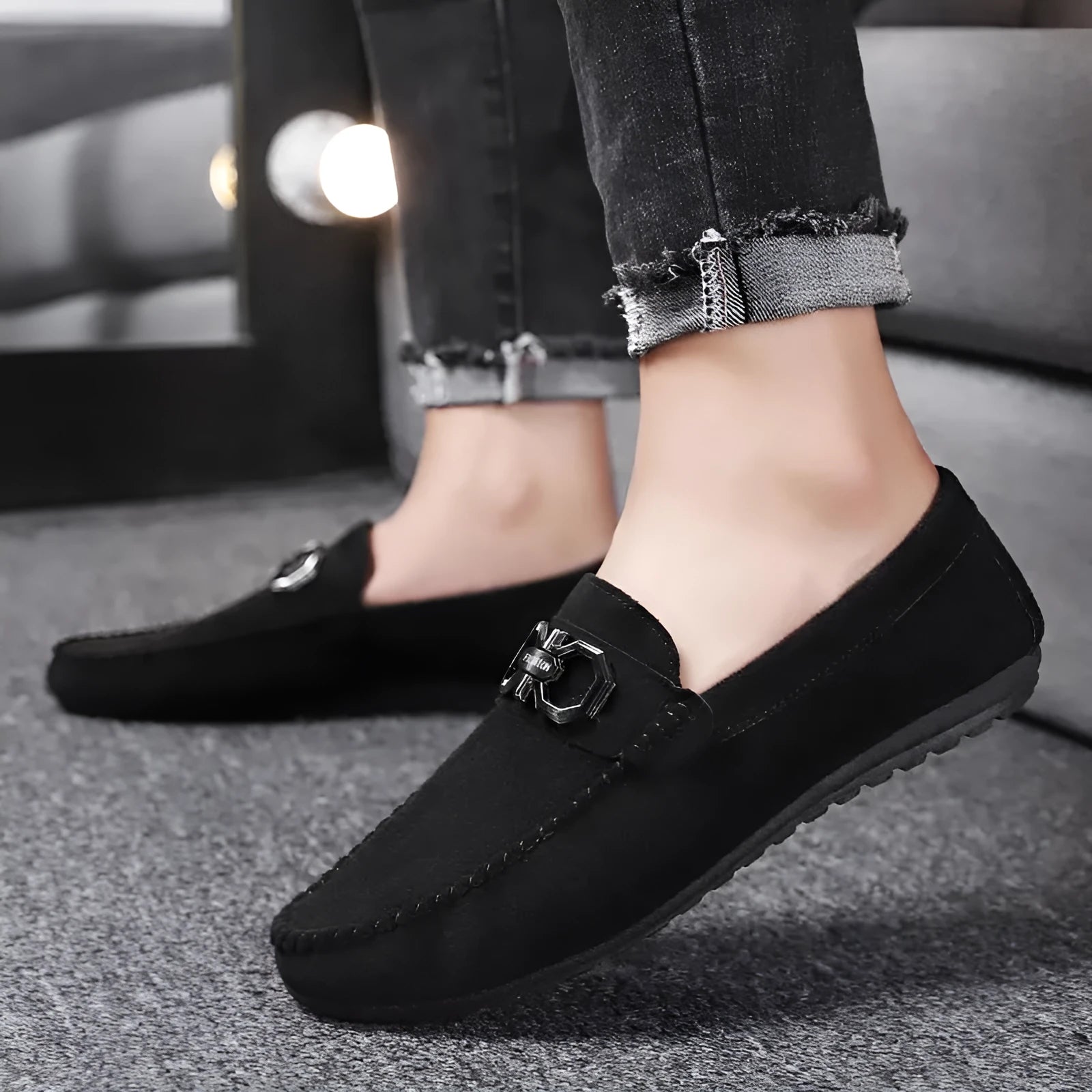 Men's black and grey suede casual shoes with rubber sole for summer wear