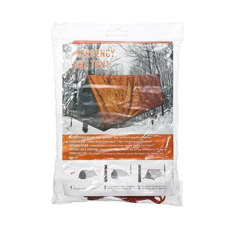 Orange disaster relief tent with sleeping bag and raincoat emergency package