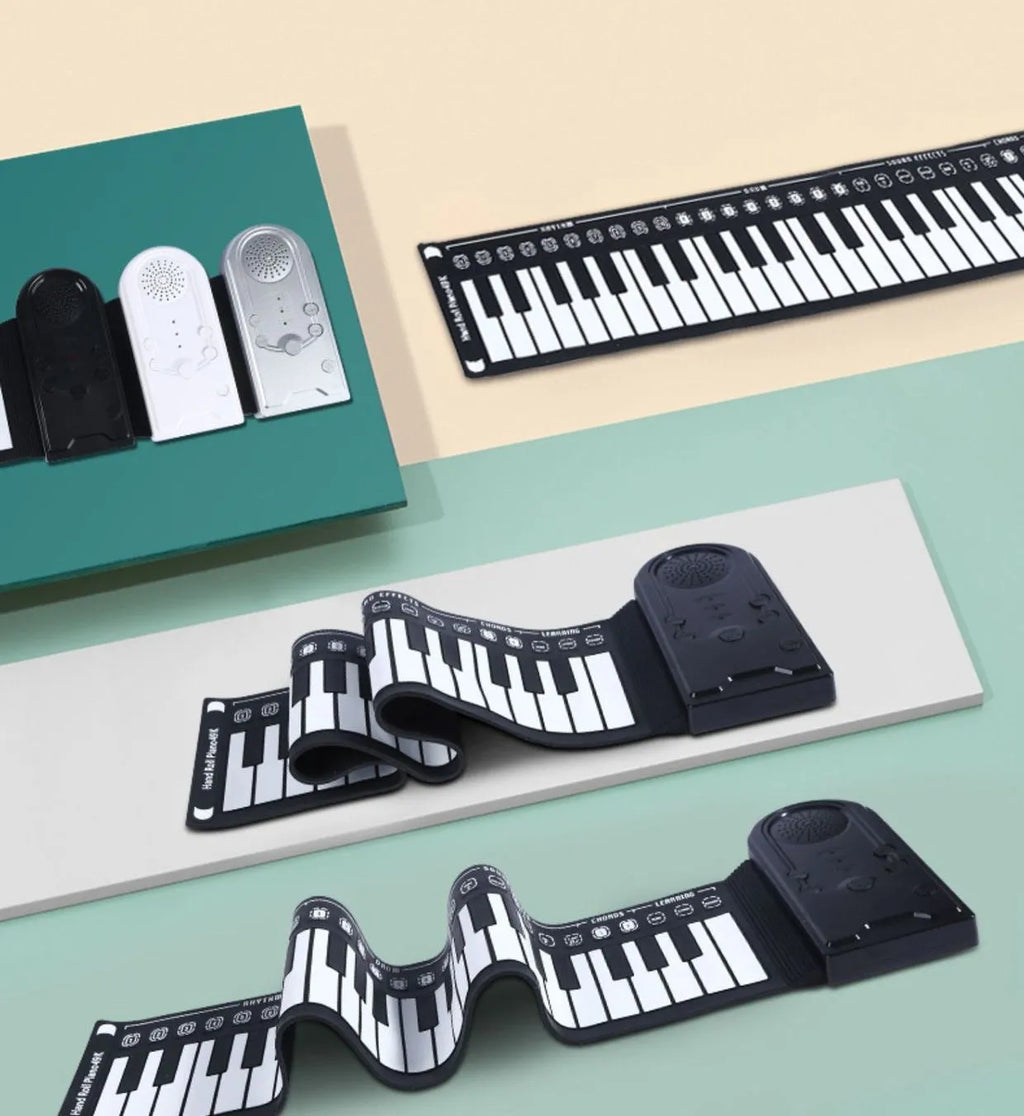 Portable 49-key folding electronic keyboard with speaker in gloss black, showing rolled design and control panel.