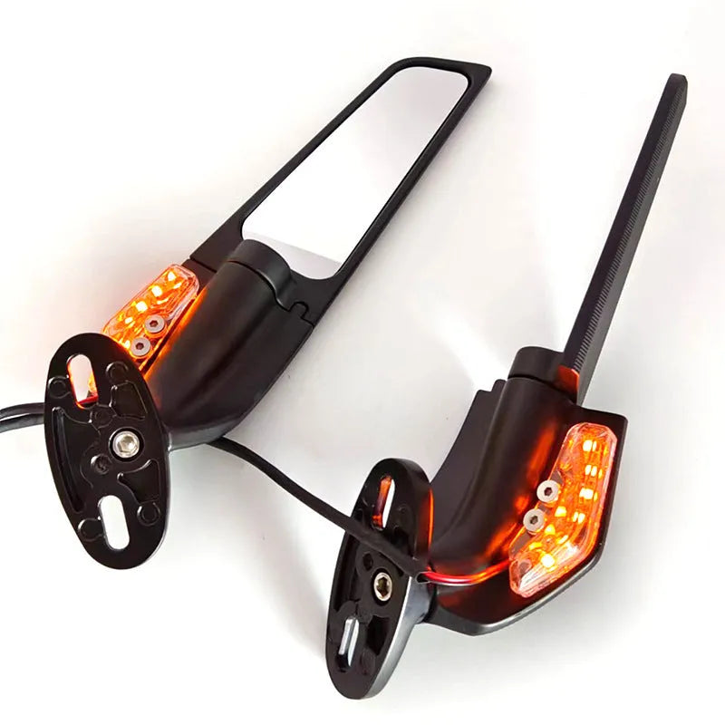 Pair of die-cast aluminium alloy motorcycle spoiler rearview mirrors with integrated yellow running lights and convex glass lenses.