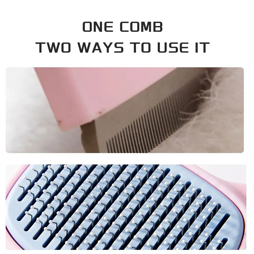 Blue and green double-sided pet grooming brush showing deshedding rake and dematting comb sides.