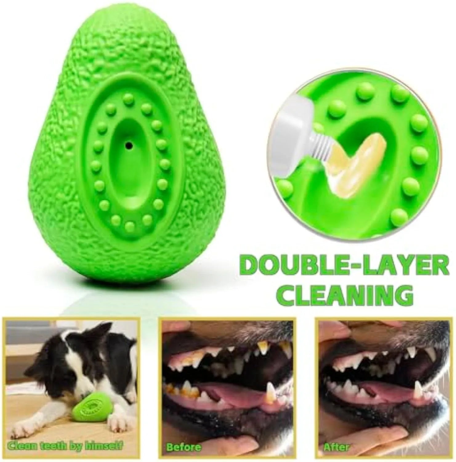 Green avocado-shaped rubber chew toy for dogs on a white background.