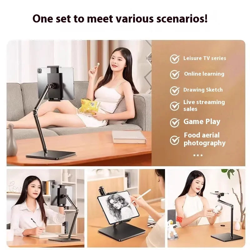 Alloy metal desktop phone bracket with adjustable arms and remote control for live streaming