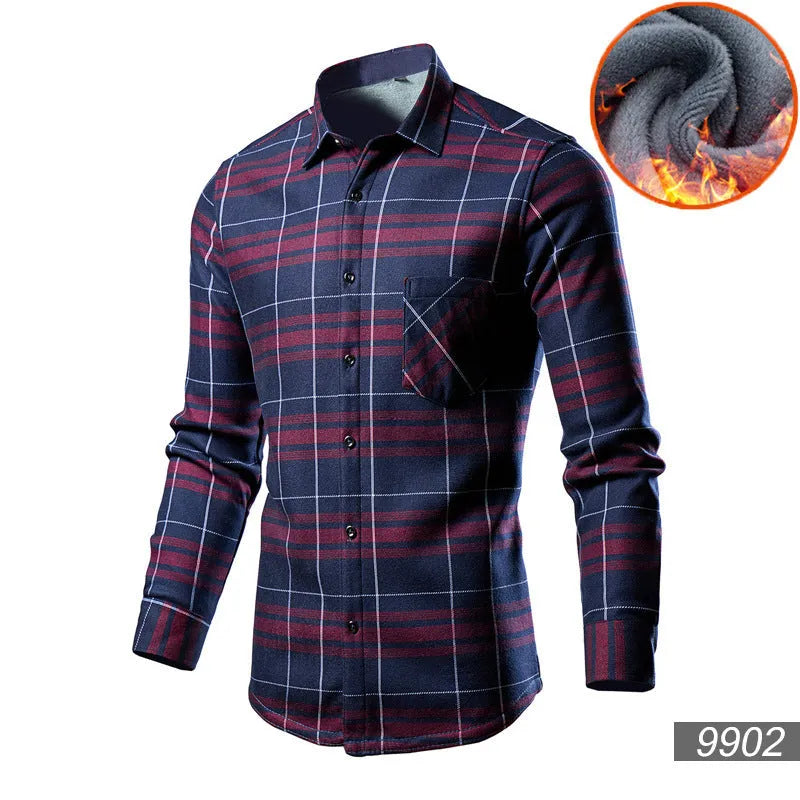 Man wearing a solid-colour fleece-lined cotton blend cardigan shirt in a loose fit.