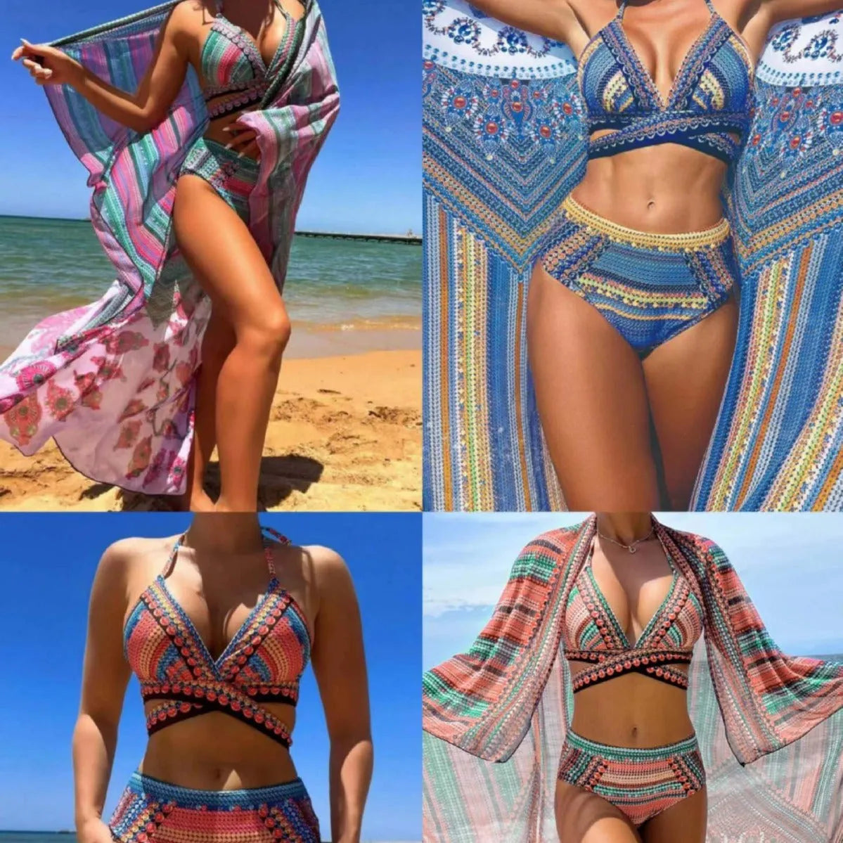 Blue high-waist cross bandage bikini set with separate smock, bra, and panties.