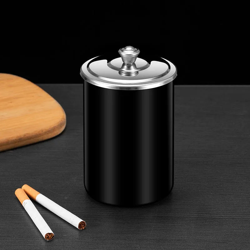 Stainless steel fly ash ashtray with cover, funnel, and smoke button in various colours