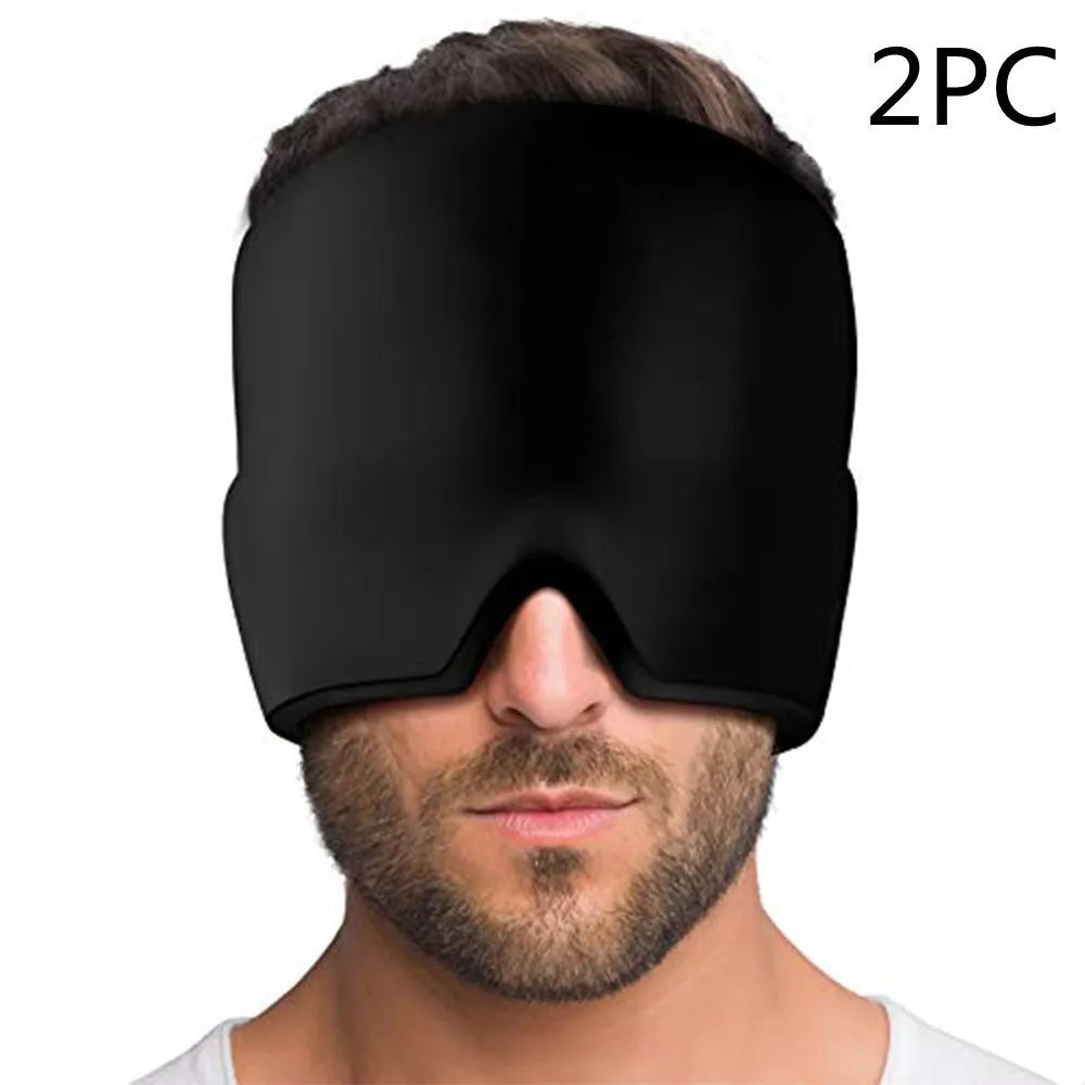 Black elastic gel headache relief mask shown on a forehead, illustrating its size and adjustable fit.